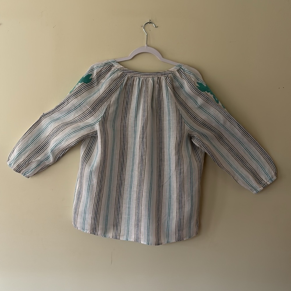 J. Jill Love Linen Blouse White With Teal Stripes Scroll Pattern Size M - Picture 6 of 10